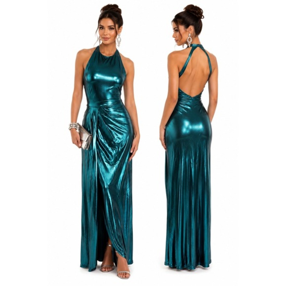 Women's Metallic Halter Maxi Dress Aqua Size Small New With Tags